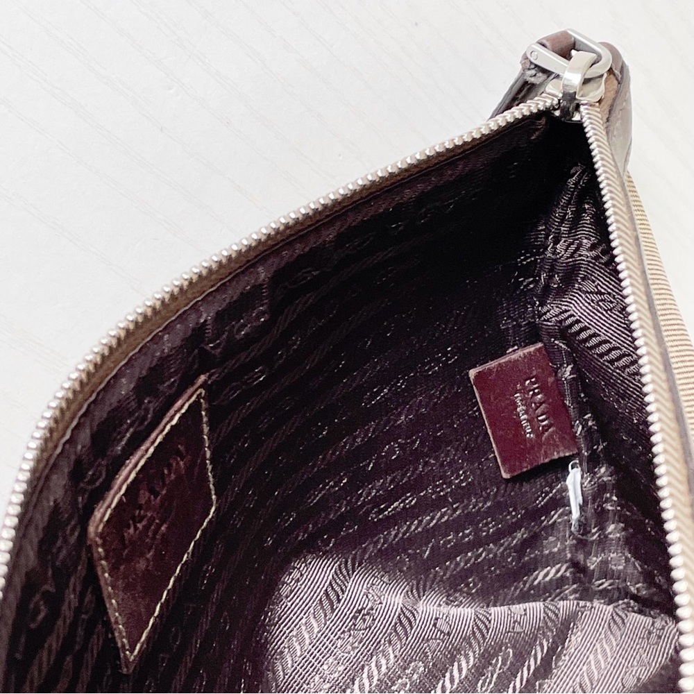 Prada rare brown Canapa canvas embroidered logo brown leather zip pouch - Picture 5 of 10